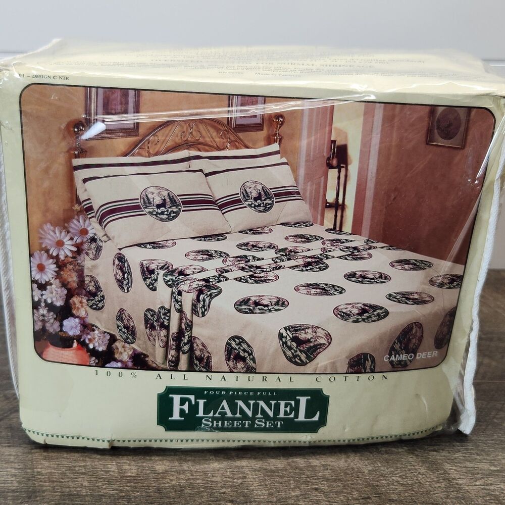FRANCO Full Cotton Flannel Sheet Set Cameo Deer Rustic Cabincore  Hunting Cabin